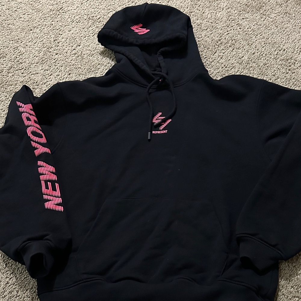 Men’s 247 Represent Black Hoodie with Pink New York Print
